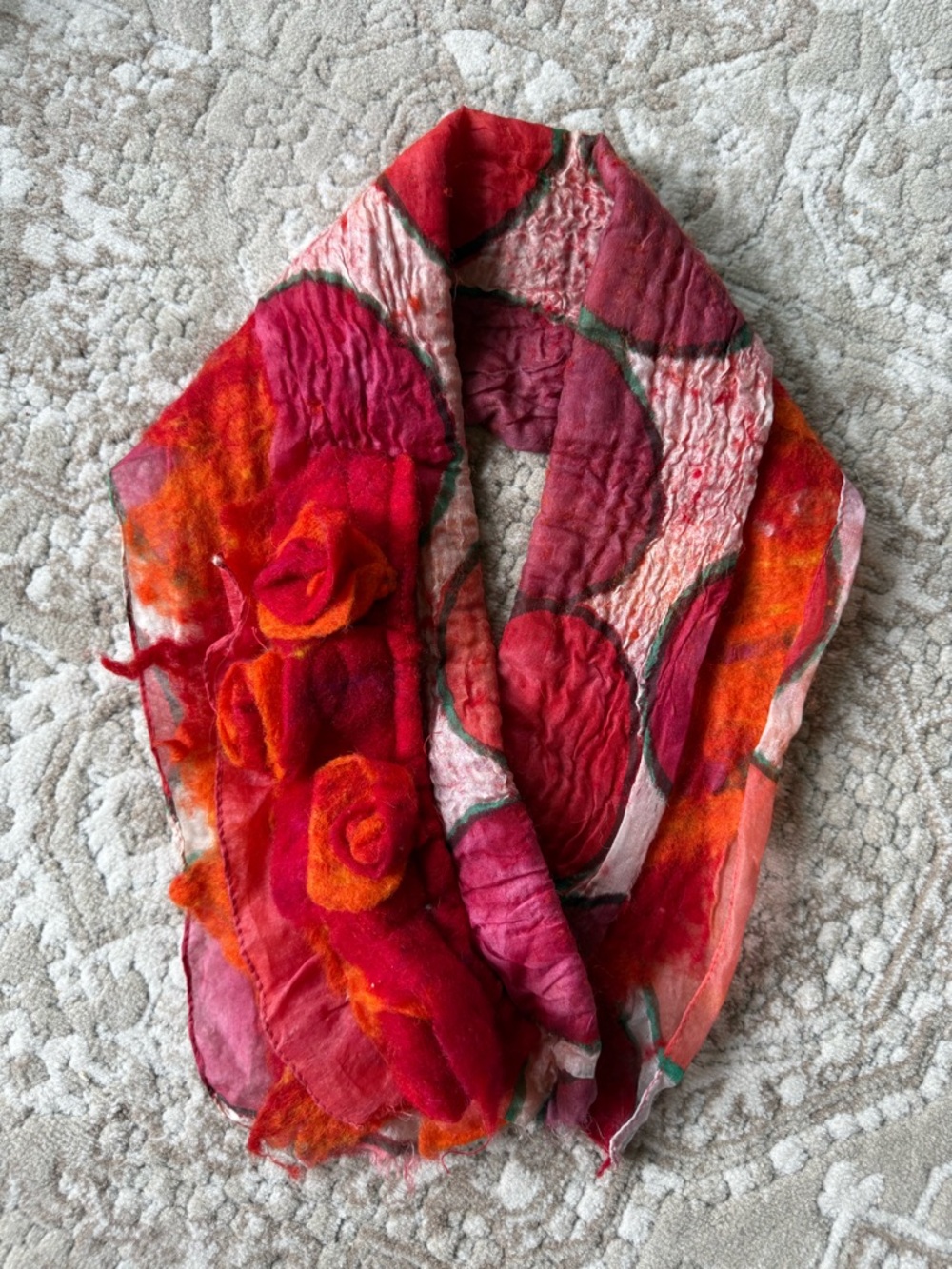 Handmade Red Floral Felted Wool Scarf collar